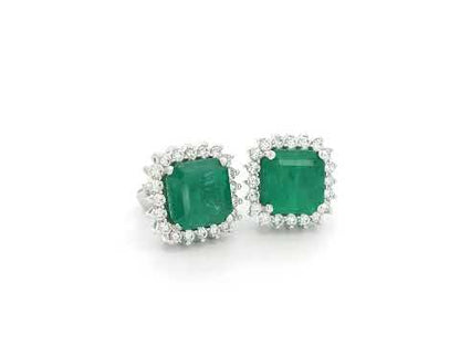 Emerald & Diamond Halo Stud Earrings in 18K White Gold