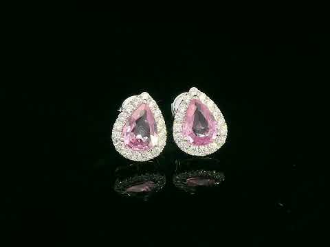 Pear-shaped pink sapphire stud earrings with diamond halo in 18K white gold – 1.38ct sapphires and 0.33ct diamonds