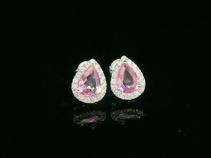 Pear-shaped pink sapphire stud earrings with diamond halo in 18K white gold – 1.38ct sapphires and 0.33ct diamonds
