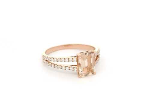 18K rose gold emerald-cut morganite and diamond split-shank ring by Emirates Diamonds