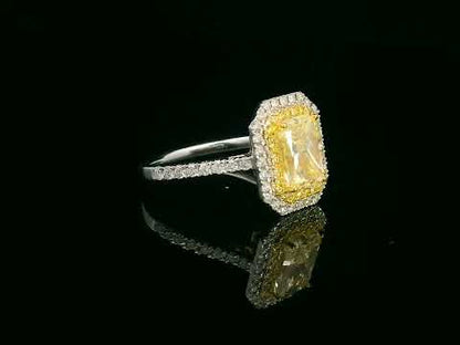 GIA Certified 2.02 Carat Fancy Yellow Radiant Cut Diamond Engagement Ring – Double Halo  in 18K Gold