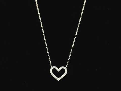 18K white gold open heart diamond necklace featuring 0.20 carat natural diamonds in a delicate pavé setting.