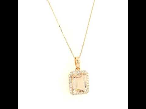 18K rose gold emerald cut Morganite halo pendant featuring a 3.58 carat natural Morganite surrounded by natural diamonds.