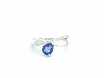 Blue Sapphire & Diamond Crossover Ring in 18K White Gold