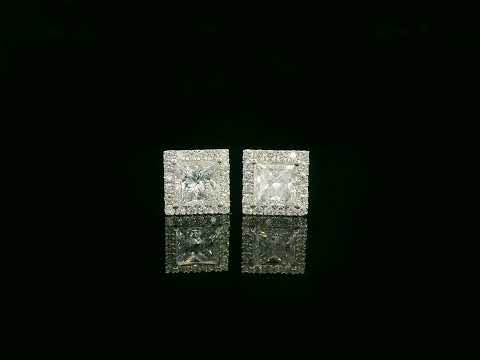 Princess cut diamond halo stud earrings in 18K white gold featuring GIA certified 1.01 carat E color VS2 diamonds with halo accents by Emirates Diamonds