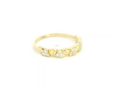 18K yellow gold diamond heart ring featuring alternating heart motifs and diamond clusters with a total diamond weight of 0.21 carat.