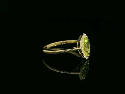 18K Yellow Gold Marquise-Cut Peridot and Diamond Halo Ring