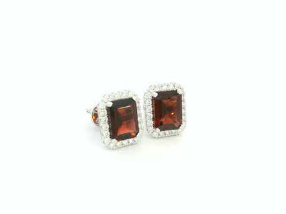Garnet & Diamond Halo Stud Earrings in 18K White Gold