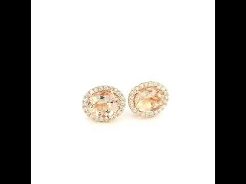 18K rose gold oval morganite halo stud earrings featuring 3.43 carats of natural morganite surrounded by 0.35 carat natural diamonds