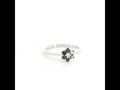 Black diamond flower ring in 18K white gold with black diamond petals and white diamond centre