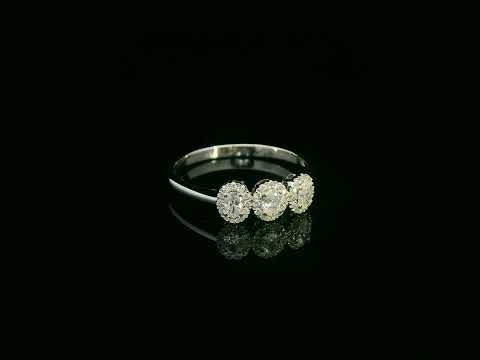 Diamond trilogy halo ring in 18K white gold with three round diamond clusters