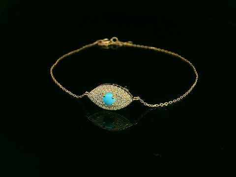 18K yellow gold turquoise and diamond evil eye bracelet – pavé diamond halo with turquoise center by Emirates Diamonds.