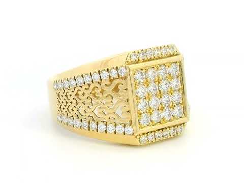 Men’s bold 18K yellow gold diamond cluster ring with square top and filigree design, 0.99 carat total diamond weight.