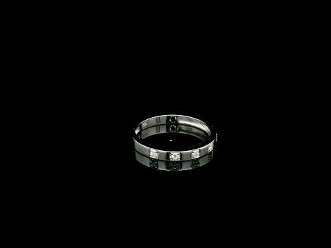 18K white gold diamond wedding band featuring five natural round brilliant diamonds in a modern flush-style polished band.