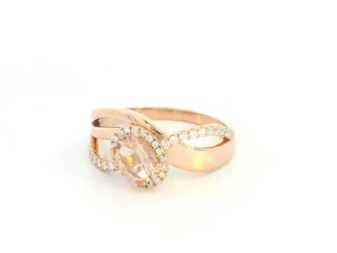 Morganite diamond halo wrap ring in 18K rose gold with oval morganite and diamond accents