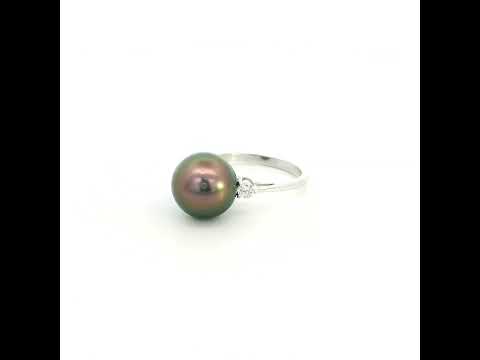 South Sea black pearl diamond ring in 18K white gold with an 11 x 12 mm pearl and round diamond side accents