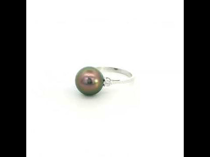 South Sea black pearl diamond ring in 18K white gold with an 11 x 12 mm pearl and round diamond side accents