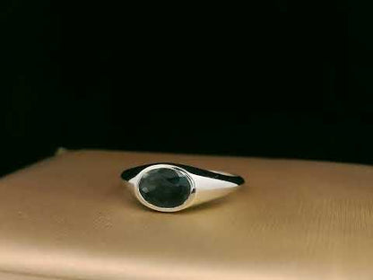 Unisex 18K gold London Blue Topaz bezel ring with minimalist tapered band