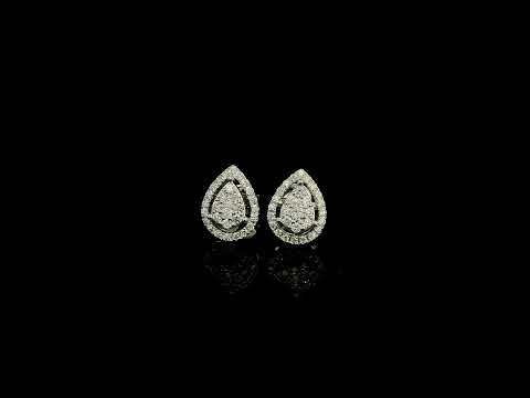 18K white gold diamond stud earrings featuring a pear-shaped cluster of natural diamonds surrounded by a sparkling diamond halo.