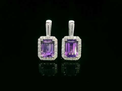 18K white gold amethyst and diamond halo drop earrings — emerald-cut amethyst 2.21ct, diamond accents 0.31ct — Emirates Diamonds