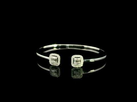 18K white gold open diamond bangle with round brilliant and baguette cut diamonds in matching square geometric ends