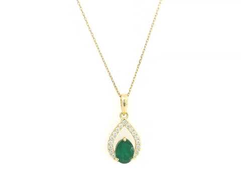 18K yellow gold emerald pendant featuring a 0.91 carat natural emerald surrounded by a teardrop diamond design with 0.13 carat natural diamonds.