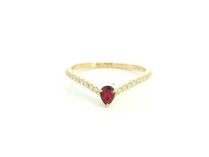 Ruby and diamond chevron ring in 18K yellow gold featuring a 0.19 carat pear-shaped ruby and 0.13 carat diamonds