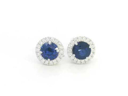 Blue Sapphire & Diamond Halo Stud Earrings in 18K White Gold