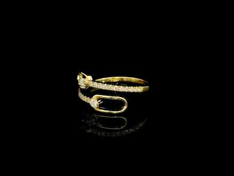 Diamond open bypass ring in 18K yellow gold with round diamonds, sweeping diamond-set curves and polished gold loops.