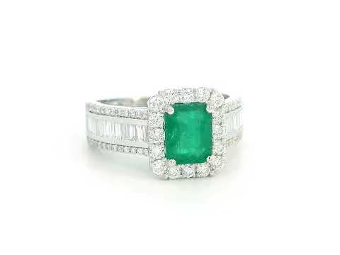 18K White Gold Emerald-Cut Emerald and Diamond Halo Ring with Baguette Accents
