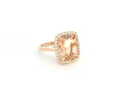 8.84 carat cushion morganite diamond halo ring in 18K rose gold by Emirates Diamonds Dubai