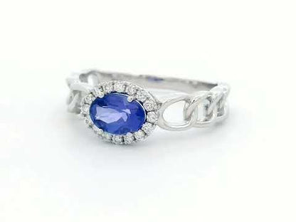 18K White Gold Oval Tanzanite and Diamond Halo Ring