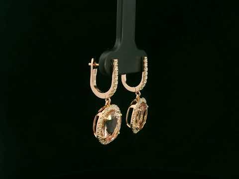 Oval morganite and diamond halo drop earrings in 18K rose gold with lever-back closure – Emirates Diamonds