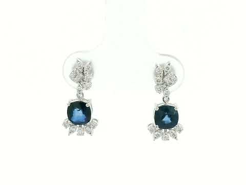 Video of 18k white gold drop earrings with cushion-cut blue sapphires and diamonds