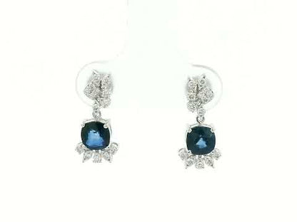 Video of 18k white gold drop earrings with cushion-cut blue sapphires and diamonds