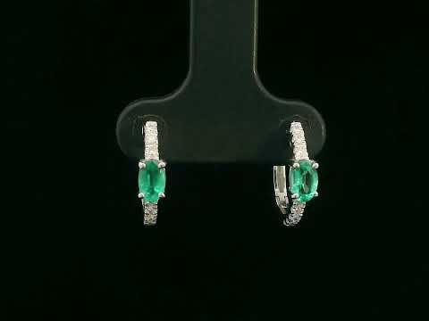 18K White Gold Hoop Earrings with Oval Emeralds and Diamond Accents 