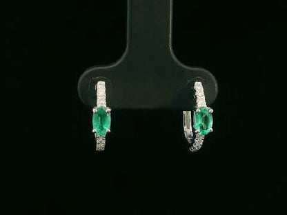 18K White Gold Hoop Earrings with Oval Emeralds and Diamond Accents 