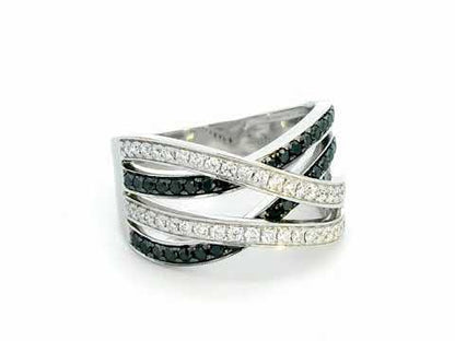 Elegant 18K White Gold Criss Cross Ring with Black & White Diamonds