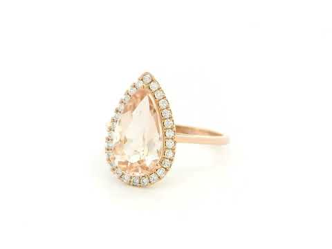 18K rose gold pear morganite halo ring with 3.16 carat natural morganite and 0.28 carat diamonds