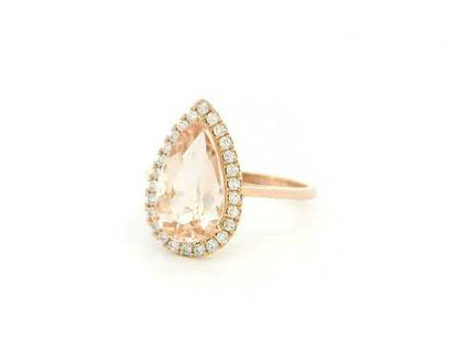 18K rose gold pear morganite halo ring with 3.16 carat natural morganite and 0.28 carat diamonds