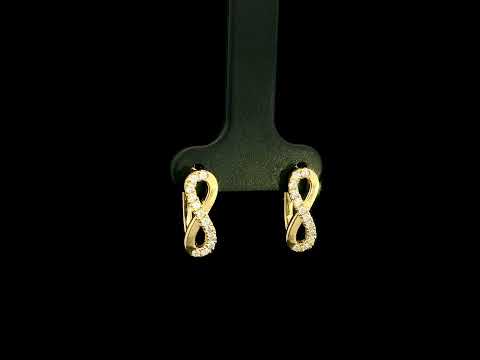 18K yellow gold infinity diamond earrings featuring natural round brilliant diamonds in a pavé setting with a total diamond weight of 0.22 carat.