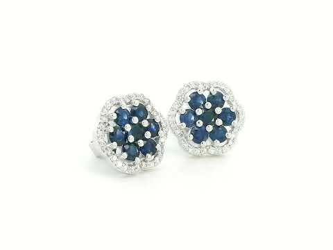 Blue sapphire cluster earrings with diamond halo