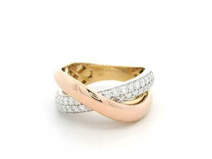 18K tri-color gold diamond triple band ring with white, yellow and rose gold, pavé diamonds, 0.70 carat total diamond weight, fine jewelry by Emirates Diamonds