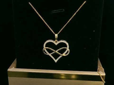 18K gold heart and infinity pendant with 0.22ct pave-set diamonds, symbolizing eternal love. Chain not included.
