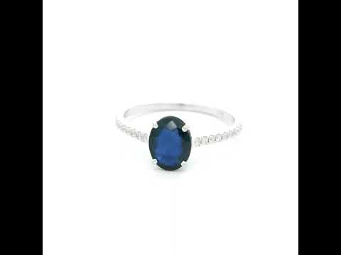 Oval Blue Sapphire Ring in 18K White Gold with Diamond Band | Natural 1.33 Carat Sapphire