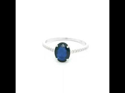 Oval Blue Sapphire Ring in 18K White Gold with Diamond Band | Natural 1.33 Carat Sapphire