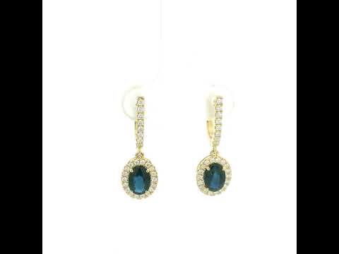 Oval blue sapphire and diamond halo drop earrings in 18K yellow gold with diamond-set hoops