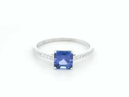 Square emerald cut tanzanite ring with diamond band in 18K white gold by Emirates Diamonds