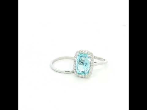18K White Gold Aquamarine Bridal Set with Cushion Halo Engagement Ring and Matching Wedding Band