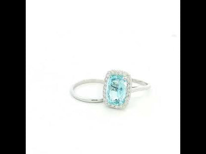 18K White Gold Aquamarine Bridal Set with Cushion Halo Engagement Ring and Matching Wedding Band